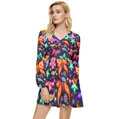 Floral Butterflies Tiered Long Sleeve Mini Dress by nateshop