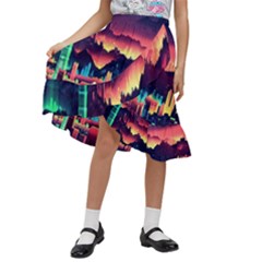 Cityscape Building Painting 3d City Illustration Kids  Ruffle Flared Wrap Midi Skirt by Bedest