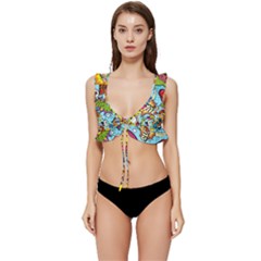 Vintage Art Tattoos Colorful Seamless Pattern Low Cut Ruffle Edge Bikini Top