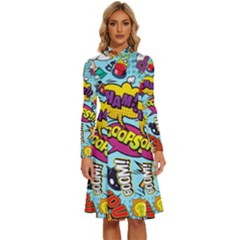 Graffiti Word Seamless Pattern Long Sleeve Shirt Collar A-line Dress by Bedest