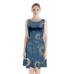 Asian Seamless Galaxy Pattern Sleeveless Waist Tie Chiffon Dress by Cemarart