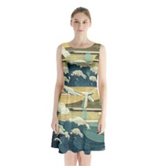 Sea Asia Waves Japanese Art The Great Wave Off Kanagawa Sleeveless Waist Tie Chiffon Dress by Cemarart