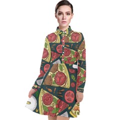 Seamless Pizza Slice Pattern Illustration Great Pizzeria Background Long Sleeve Chiffon Shirt Dress by Cemarart