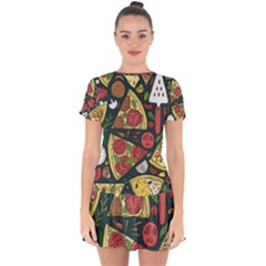 Seamless Pizza Slice Pattern Illustration Great Pizzeria Background Drop Hem Mini Chiffon Dress by Cemarart