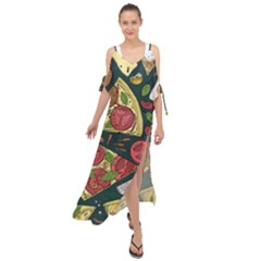 Seamless Pizza Slice Pattern Illustration Great Pizzeria Background Maxi Chiffon Cover Up Dress by Cemarart