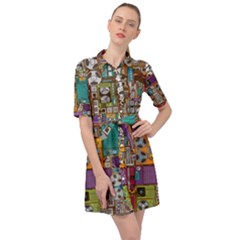 Pattern Design Art Techno  Dj Music Retro Music Device Belted Shirt Dress by Cemarart