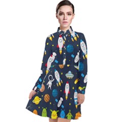 Big Set Cute Astronauts Space Planets Stars Aliens Rockets Ufo Constellations Satellite Moon Rover Long Sleeve Chiffon Shirt Dress by Cemarart