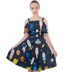 Big Set Cute Astronauts Space Planets Stars Aliens Rockets Ufo Constellations Satellite Moon Rover Cut Out Shoulders Chiffon Dress by Cemarart