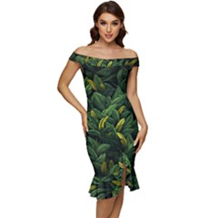 Banana Leaves Off Shoulder Ruffle Split Hem Bodycon Dress by goljakoff