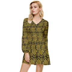 Yellow Floral Pattern Floral Greek Ornaments Tiered Long Sleeve Mini Dress by nateshop