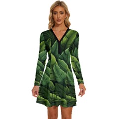 Green Leaves Long Sleeve Deep V Mini Dress  by goljakoff