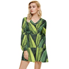 Banana Leaves Pattern Tiered Long Sleeve Mini Dress by goljakoff