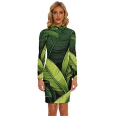 Banana Leaves Pattern Long Sleeve Shirt Collar Bodycon Dress by goljakoff