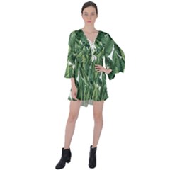 Tropical Leaves V-neck Flare Sleeve Mini Dress by goljakoff