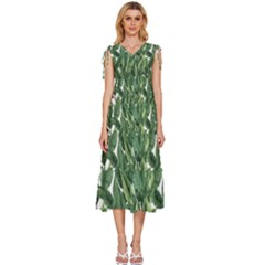 Tropical Leaves V-neck Drawstring Shoulder Sleeveless Maxi Dress by goljakoff