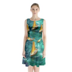 Mountain Wolf Tree Nature Moon Sleeveless Waist Tie Chiffon Dress by Cemarart