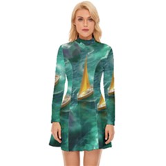 Mountain Birds River Sunset Nature Long Sleeve Velour Longline Dress by Cemarart