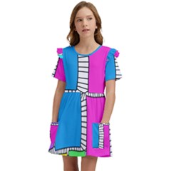 Shapes Texture Colorful Cartoon Kids  Frilly Sleeves Pocket Dress by Cemarart