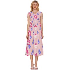 Flower Heart Print Pattern Pink V-neck Drawstring Shoulder Sleeveless Maxi Dress by Cemarart