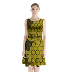 Yellow Hexagons 3d Art Honeycomb Hexagon Pattern Sleeveless Waist Tie Chiffon Dress by Cemarart