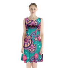 Floral Pattern Abstract Colorful Flow Oriental Spring Summer Sleeveless Waist Tie Chiffon Dress by Cemarart