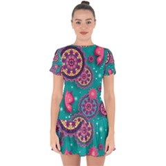 Floral Pattern Abstract Colorful Flow Oriental Spring Summer Drop Hem Mini Chiffon Dress by Cemarart