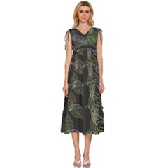 Leaves Floral Pattern Nature V-neck Drawstring Shoulder Sleeveless Maxi Dress by Cemarart