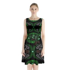 Fractal Green Black 3d Art Floral Pattern Sleeveless Waist Tie Chiffon Dress by Cemarart