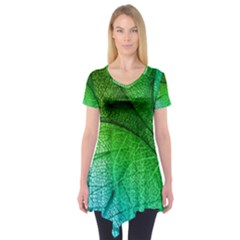 3d Leaves Texture Sheet Blue Green Short Sleeve Tunic  by Cemarart