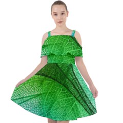 3d Leaves Texture Sheet Blue Green Cut Out Shoulders Chiffon Dress by Cemarart