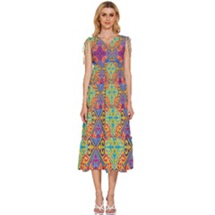 Colorful Flora Flora Kazakh Pattern V-neck Drawstring Shoulder Sleeveless Maxi Dress by Cemarart