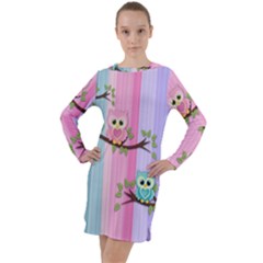 Owls Family Stripe Tree Long Sleeve Hoodie Dress by Bedest