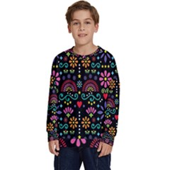 Mexican Folk Art Seamless Pattern Kids  Crewneck Sweatshirt by Bedest