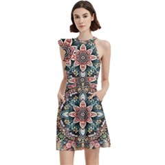 Floral Pattern Flowers Cocktail Party Halter Sleeveless Dress With Pockets by Grandong