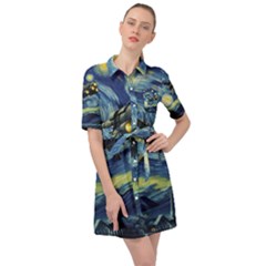 Spaceship Starry Night Van Gogh Painting Belted Shirt Dress by Maspions