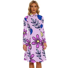 Flowers Petals Pineapples Fruit Long Sleeve Shirt Collar A-line Dress by Maspions