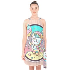 Boy Astronaut Cotton Candy Childhood Fantasy Tale Literature Planet Universe Kawaii Nature Cute Clou Halter Collar Waist Tie Chiffon Dress by Maspions