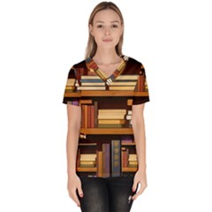 Book Nook Books Bookshelves Comfortable Cozy Literature Library Study Reading Room Fiction Entertain Women s V-neck Scrub Top by Maspions