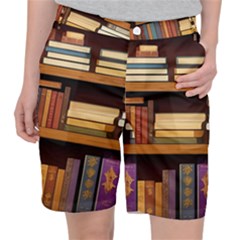 Book Nook Books Bookshelves Comfortable Cozy Literature Library Study Reading Room Fiction Entertain Women s Pocket Shorts by Maspions