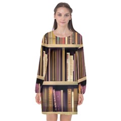 Books Bookshelves Office Fantasy Background Artwork Book Cover Apothecary Book Nook Literature Libra Long Sleeve Chiffon Shift Dress  by Grandong