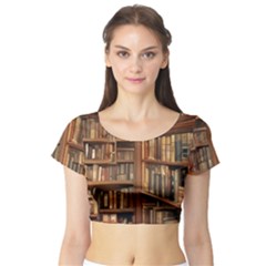 Room Interior Library Books Bookshelves Reading Literature Study Fiction Old Manor Book Nook Reading Short Sleeve Crop Top by Grandong