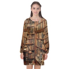 Room Interior Library Books Bookshelves Reading Literature Study Fiction Old Manor Book Nook Reading Long Sleeve Chiffon Shift Dress  by Grandong