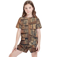 Room Interior Library Books Bookshelves Reading Literature Study Fiction Old Manor Book Nook Reading Kids  T-shirt And Sports Shorts Set by Grandong