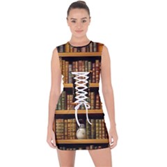 Room Interior Library Books Bookshelves Reading Literature Study Fiction Old Manor Book Nook Reading Lace Up Front Bodycon Dress by Grandong