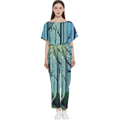 Nature Outdoors Night Trees Scene Forest Woods Light Moonlight Wilderness Stars Batwing Lightweight Chiffon Jumpsuit by Grandong