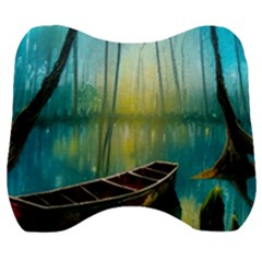 Swamp Bayou Rowboat Sunset Landscape Lake Water Moss Trees Logs Nature Scene Boat Twilight Quiet Velour Head Support Cushion by Grandong