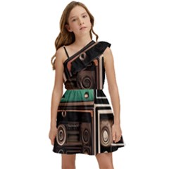 Retro Electronics Old Antiques Texture Wallpaper Vintage Cassette Tapes Retrospective Kids  One Shoulder Party Dress by Grandong