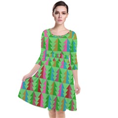 Trees Pattern Retro Pink Red Yellow Holidays Advent Christmas Quarter Sleeve Waist Band Dress by Maspions