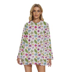 Pattern Flowers Leaves Green Purple Pink Round Neck Long Sleeve Bohemian Style Chiffon Mini Dress by Maspions