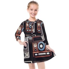 Retro Cameras Old Vintage Antique Technology Wallpaper Retrospective Kids  Quarter Sleeve Shirt Dress by Grandong